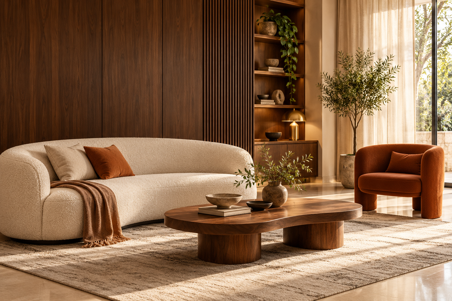 Illustrative contemporary living room with warm walnut and ivory furniture